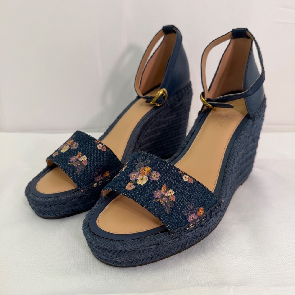 Coach Floral Embroidered Denim Espadrille Wedge Sandals Navy Blue Womens 10
